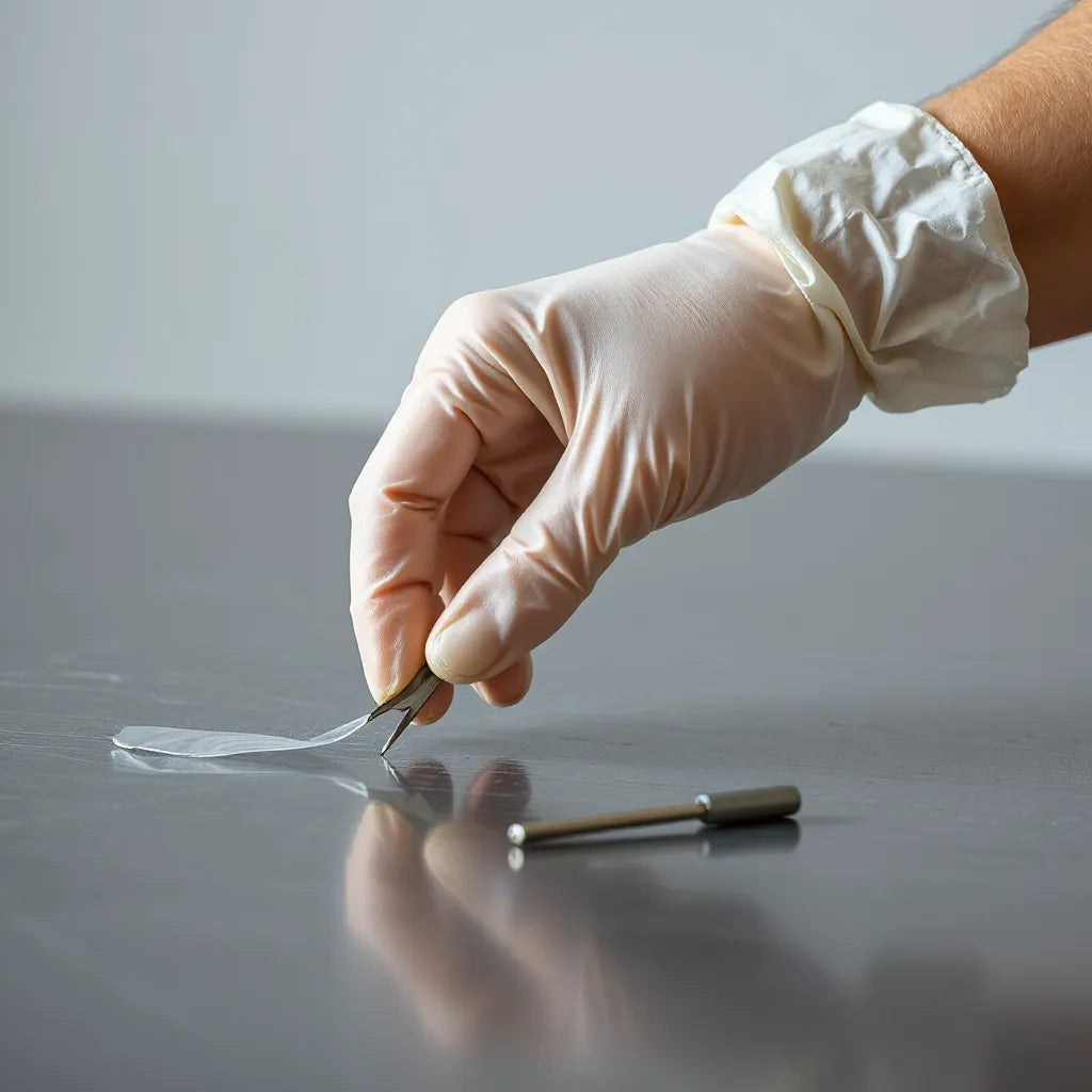 Hand in dünnen Einweghandschuhen mit hoher Beweglichkeit greift präzise einen kleinen Gegenstand auf Edelstahl