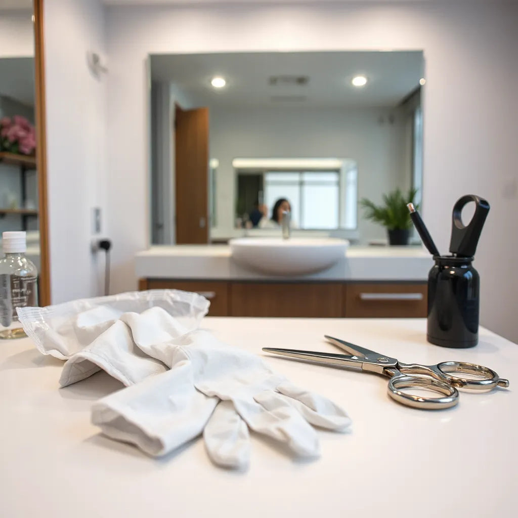 Ein Paar Einweg-Handschuhe neben Friseurwerkzeug an einer sauberen Arbeitsfläche