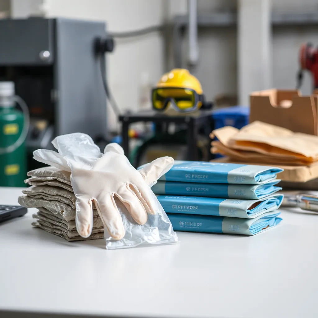 Klare PE-Einweghandschuhe und gefaltete Handschuhpackungen auf einer sauberen Werkbank mit dezenter Industrie-Umgebung
