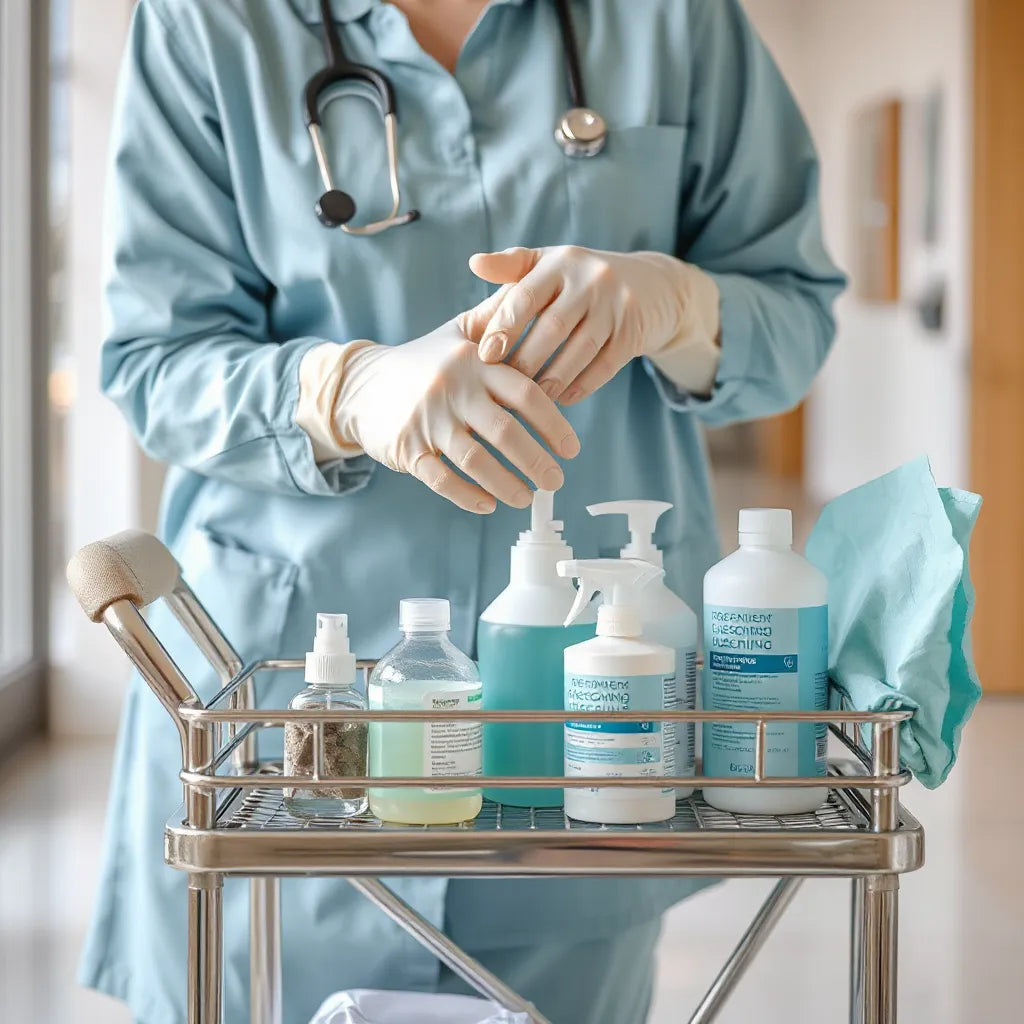 Pflegekraft trägt hygienische Handschuhe und bereitet Hygieneartikel auf einem Rollwagen in der Einrichtung vor