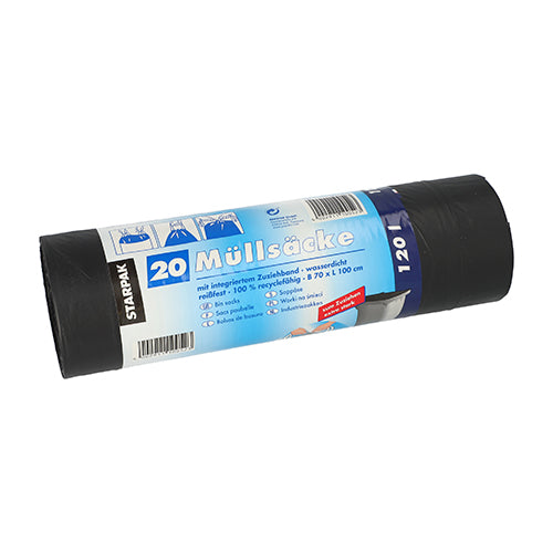 Starpak 20 Müllsäcke mit Zugband, LDPE 120 l 100 cm x 70 cm schwarz | Banderole (20 Stück)
