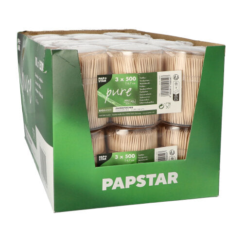 PAPSTAR Zahnstocher aus Holz "pure" rund, 6,7 cm im Spender | Schrumpffolie (1500 Stück)