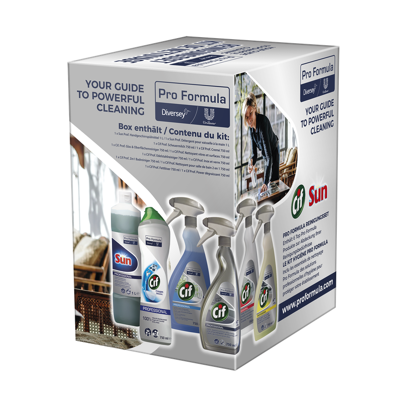 Auslaufartikel: Pro Formula Reinigungsset (6-teilig) – Handspülmittel, Fettlöser, Edelstahl-, Bad-, Glas- & Oberflächenreiniger, Scheuermilch | Packung (1 Stück)