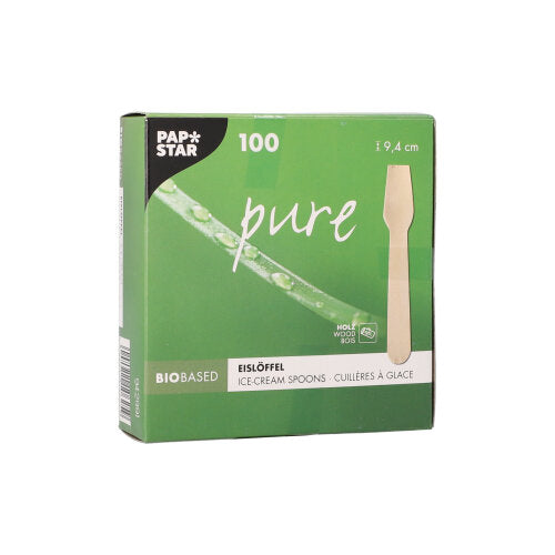 PAPSTAR Eislöffel aus Holz "pure" 9,4 cm, umweltfreundlich | Papptray (100 Stück)