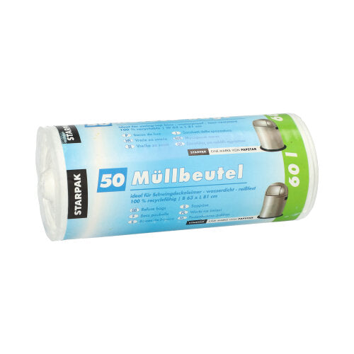 Starpak 50 Müllbeutel, HDPE 60 l 81 cm x 63 cm weiss | Packung (50 Stück)