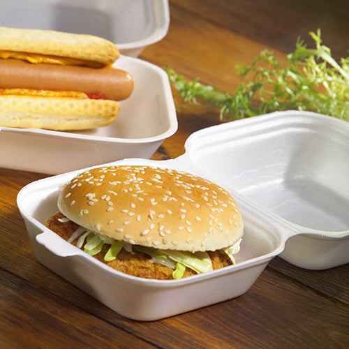 Starpak 100 Hamburger-Boxen mit Klappdeckel, XPS 7,5 cm x 12 cm x 12 cm weiss | Schrumpffolie (100 Stück)
