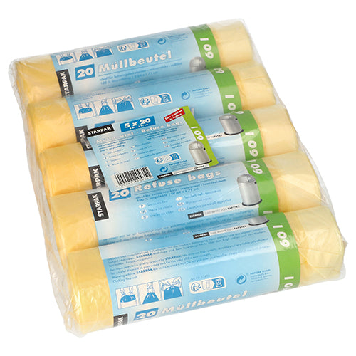 Starpak 100 Müllsäcke mit Zugband, HDPE 60 l 71 cm x 64 cm gelb | Schrumpffolie (100 Stück)-zoom-