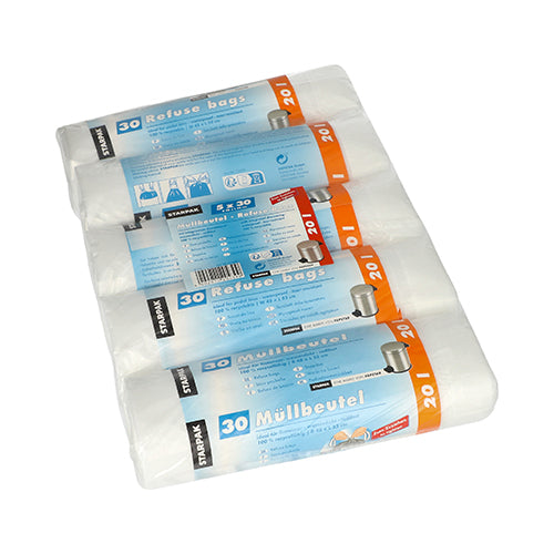 Starpak 150 Müllbeutel mit Zugband, HDPE 20 l 55 cm x 48 cm transparent | Schrumpffolie (150 Stück)