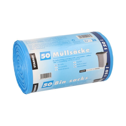 Starpak 50 Müllsäcke, HDPE 120 l 110 cm x 70 cm blau | Banderole (50 Stück)