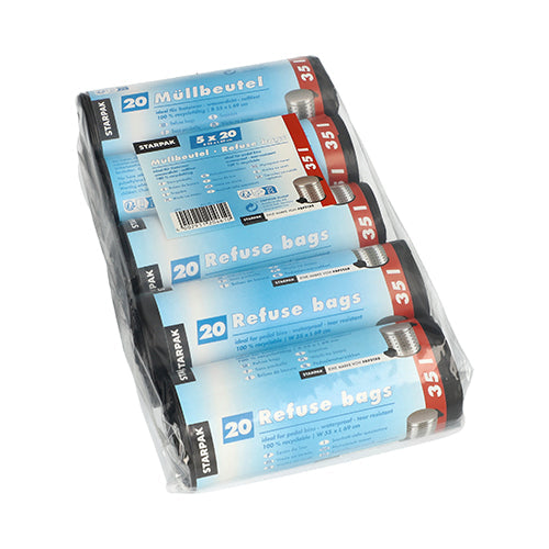 Starpak 100 Müllbeutel, HDPE 35 l 69 cm x 55 cm schwarz  | Karton (5 Rollen)