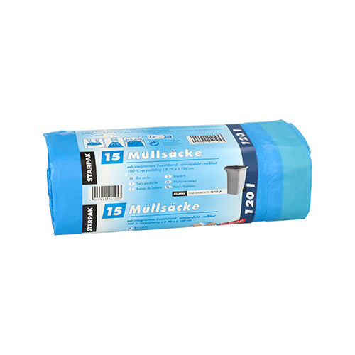 Starpak 15 Müllsäcke mit Zugband, LDPE 120 l 100 cm x 70 cm blau | Banderole (15 Stück)