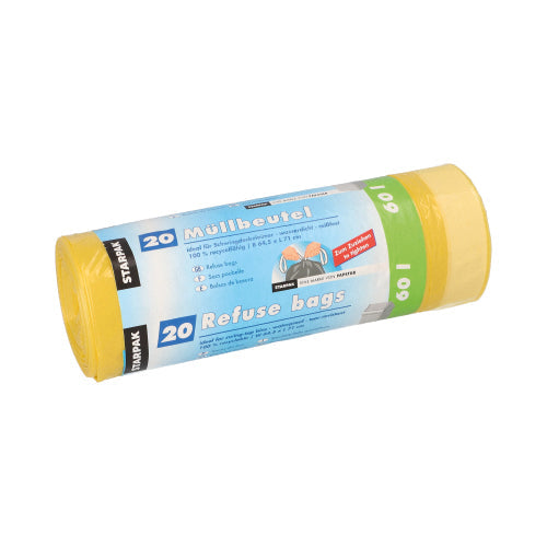 Starpak 20 Müllsäcke mit Zugband, HDPE 60 l 71 cm x 64,5 cm gelb | Banderole (20 Stück)-1