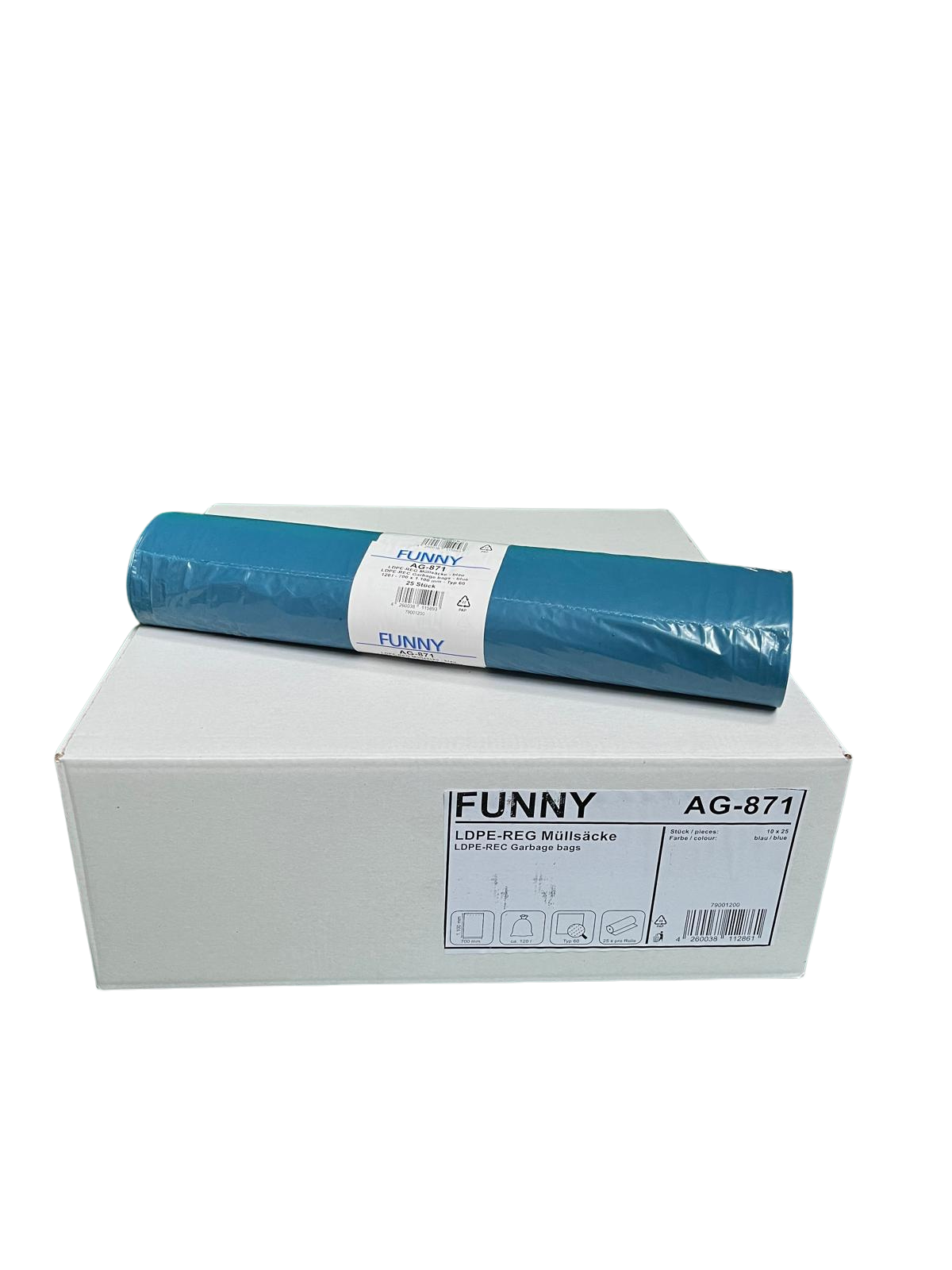 Müllsack, 120 L, 700 x 1100mm Stärke MEDIUM, 10 Rollen je 25 Sack blau [FUNNY AG-871]-1