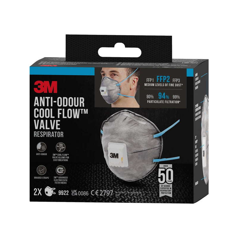 3M™ Cool Flow™ Partikelmaske 9922, FFP2, geruchshemmend, mit Ventil, 2er-Pack | Packung (1 Stück)-zoom-