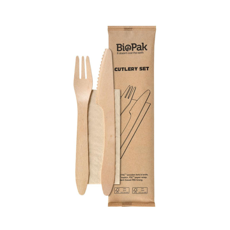 3/1  Besteck Set, Holz, Gabel & Messer, Braune Serviette 190/190 mm, Holz  Natural gewachst 190/190 | Packung (250 Stück)-zoom-