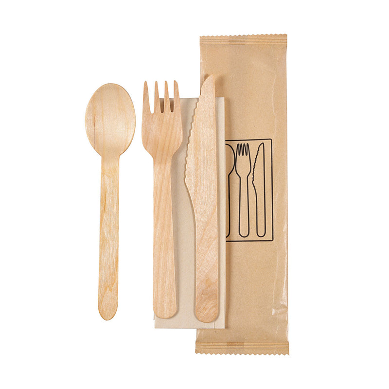 4/1 Besteck Set, Holz, Gabel & Messer, Löffel, Braune Serviette  Natural gewachst 160/165/160 | Packung (250 Stück)-zoom-