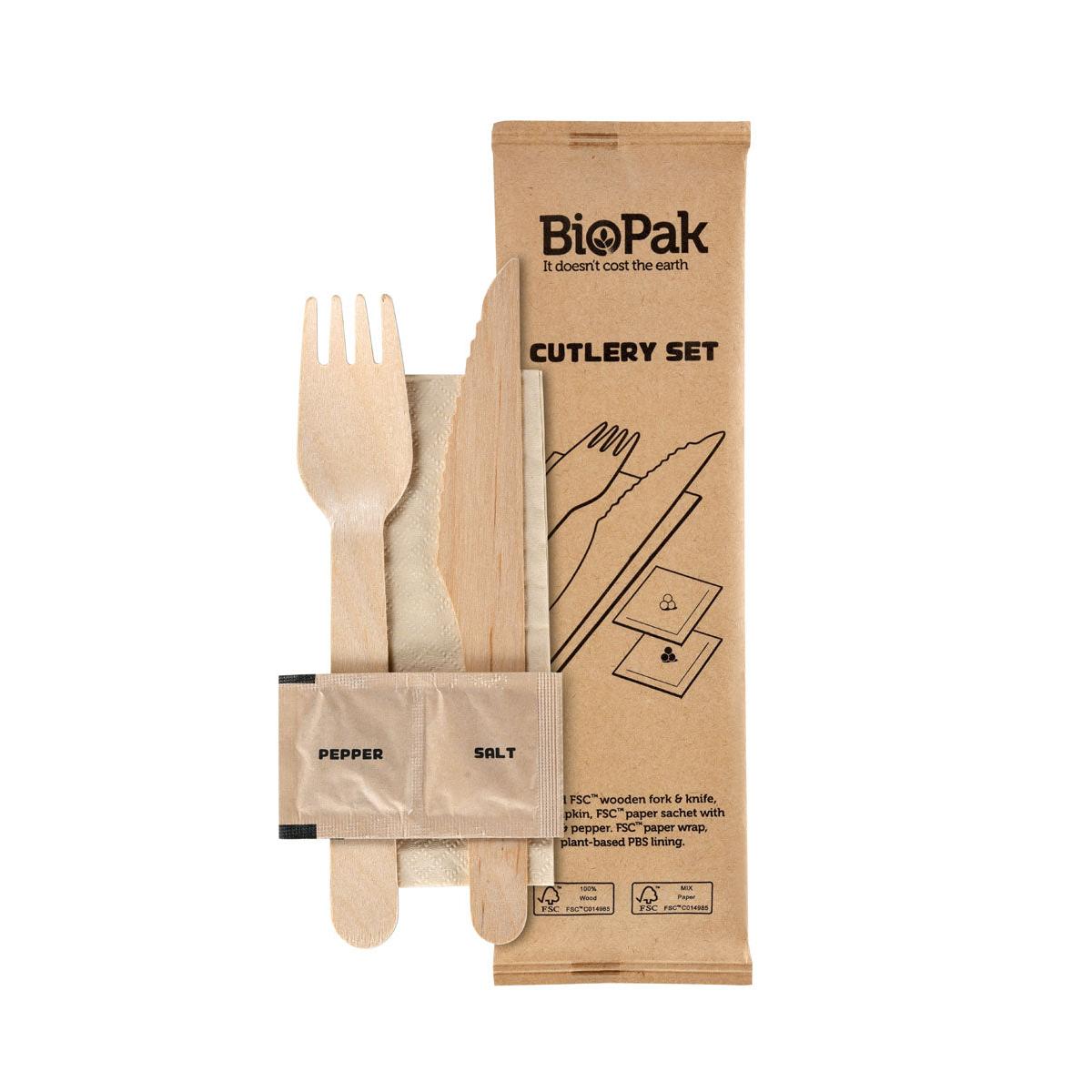 5/1 Besteck Set, Holz, Gabel & Messer, Serviette, Salz, Pfeffer  Natural gewachst 160/165 | Packung (250 Stück)