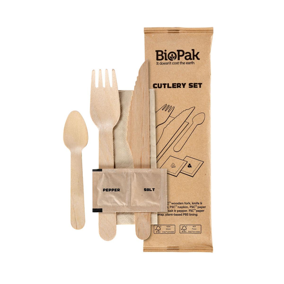 6/1 Besteck Set, Holz, Gabel & Messer, Kaffeelöffel, Serviette, Salz, Pfeffer  Natural gewachst 160/165/110 | Packung (250 Stück)-1