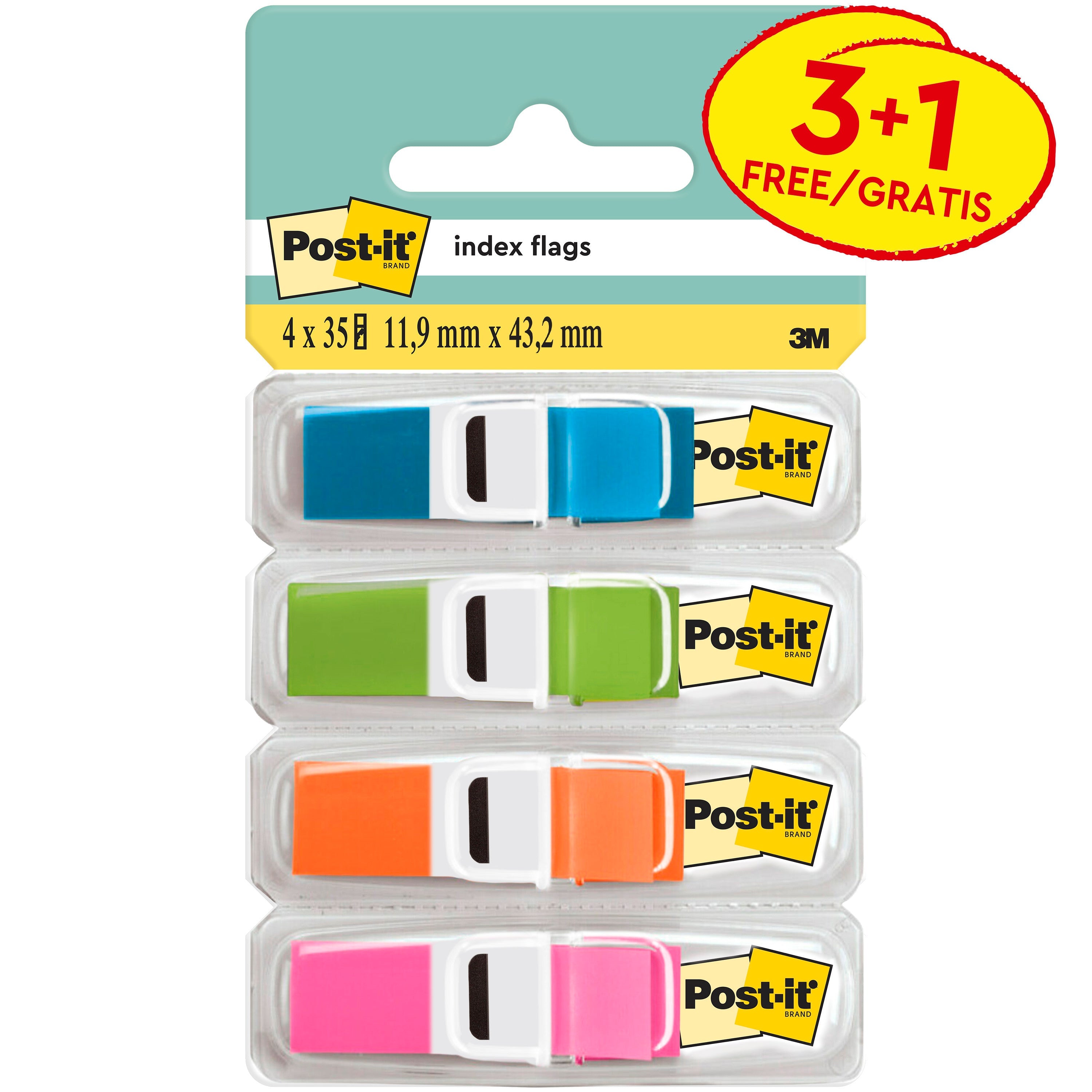 Post-it® Index Haftstreifen, Mini, Transluzente Farben, 11.9 mm x 43.2 mm, Promotion, 35 Haftstreifen/Spender, 3 Spender + 1 Gratis/Packung | 1 Stück