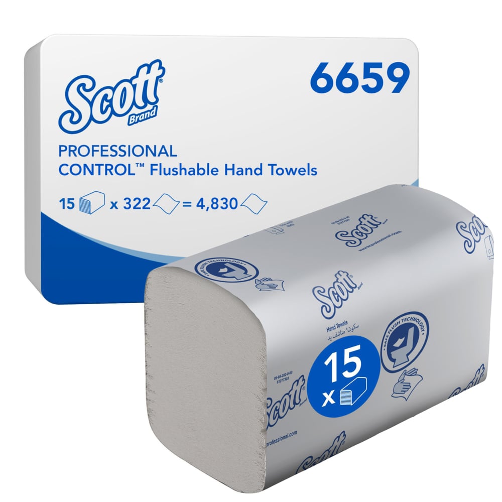 Scott® Control™ Herunterspülbare Falthandtücher - Weiß - 15 Clips  x 322 Sheets | Karton (15 Päckchen)