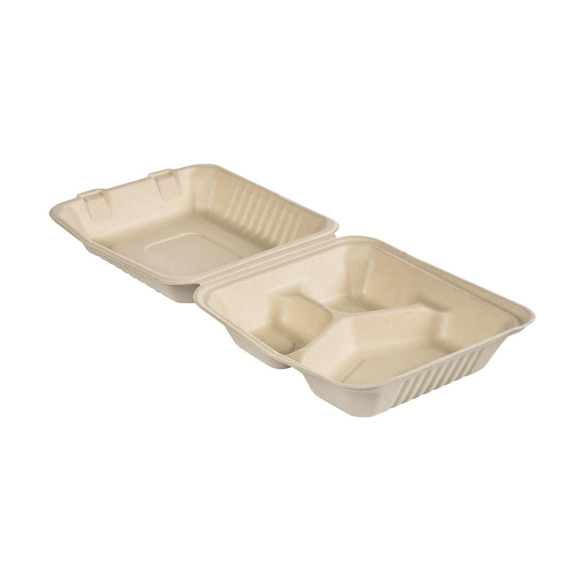 Clamshell 325/70/60 ml - uncoated 3 Braun Bagasse 225x201x85 | Packung (50 Stück)-zoom-1