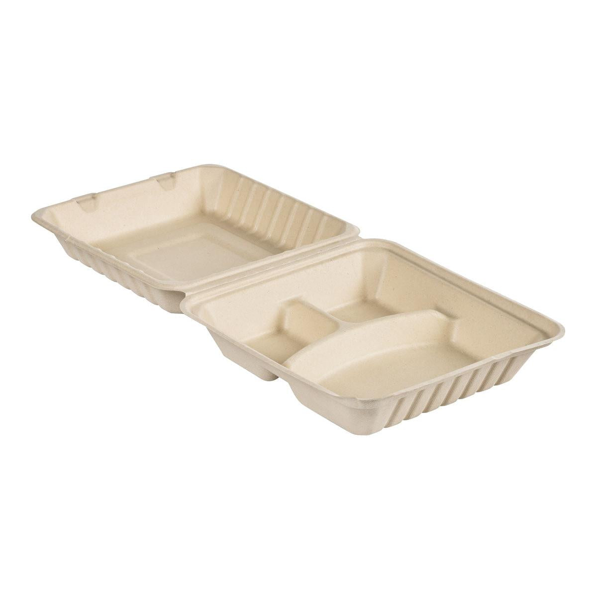 Clamshell 350/120/120 ml - uncoated 3 Braun Bagasse 235x235x90 | Packung (50 Stück)-zoom-1