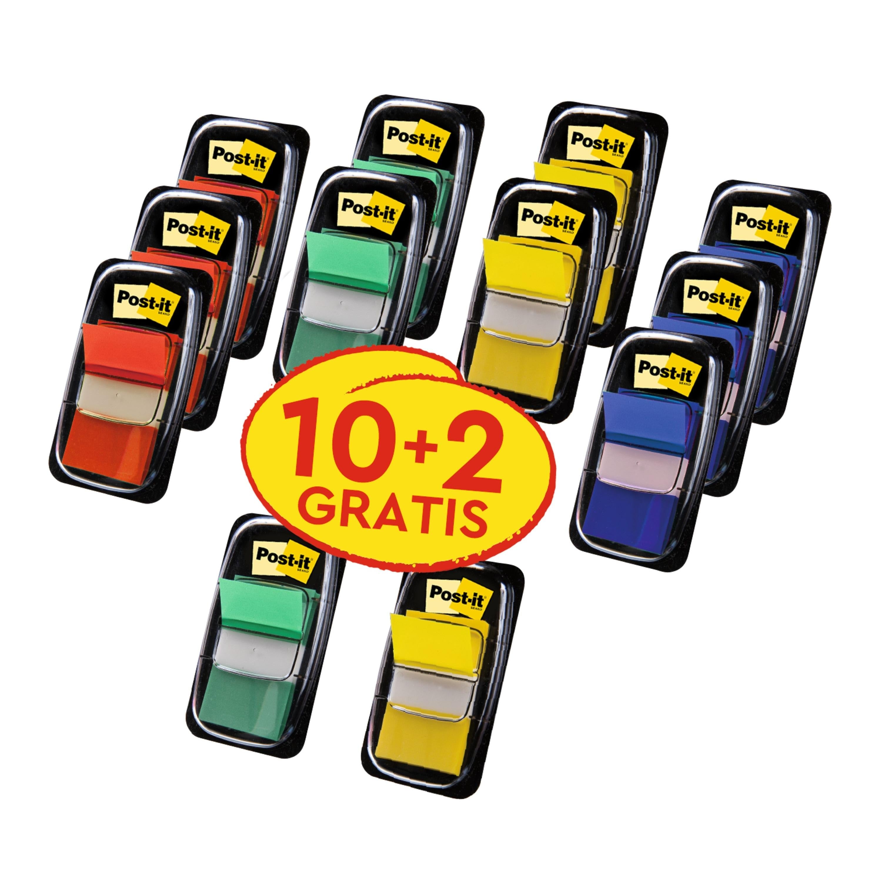 Post-it® Index Haftstreifen, Standard, Verschiedene Farben, 25.4 mm x 43.2 mm, Promotion, 50 Haftstreifen/Spender, 10 Spender + 2 Gratis/Packung | Packung (1 Set)-zoom-1