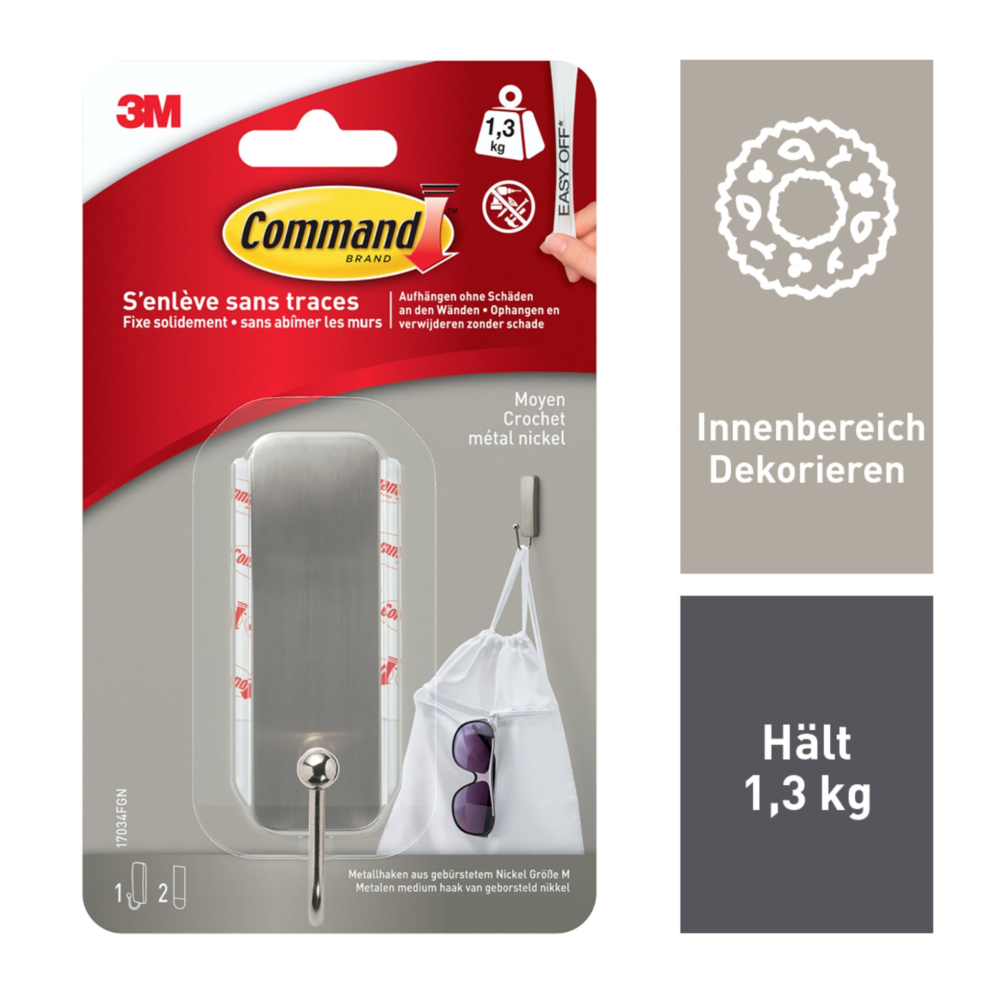 Mittelgroßer Command™ Metallhaken in gebürstetem Nickel, 17034, 1 Haken, 2 Strips | Packung (1 Stück)-6
