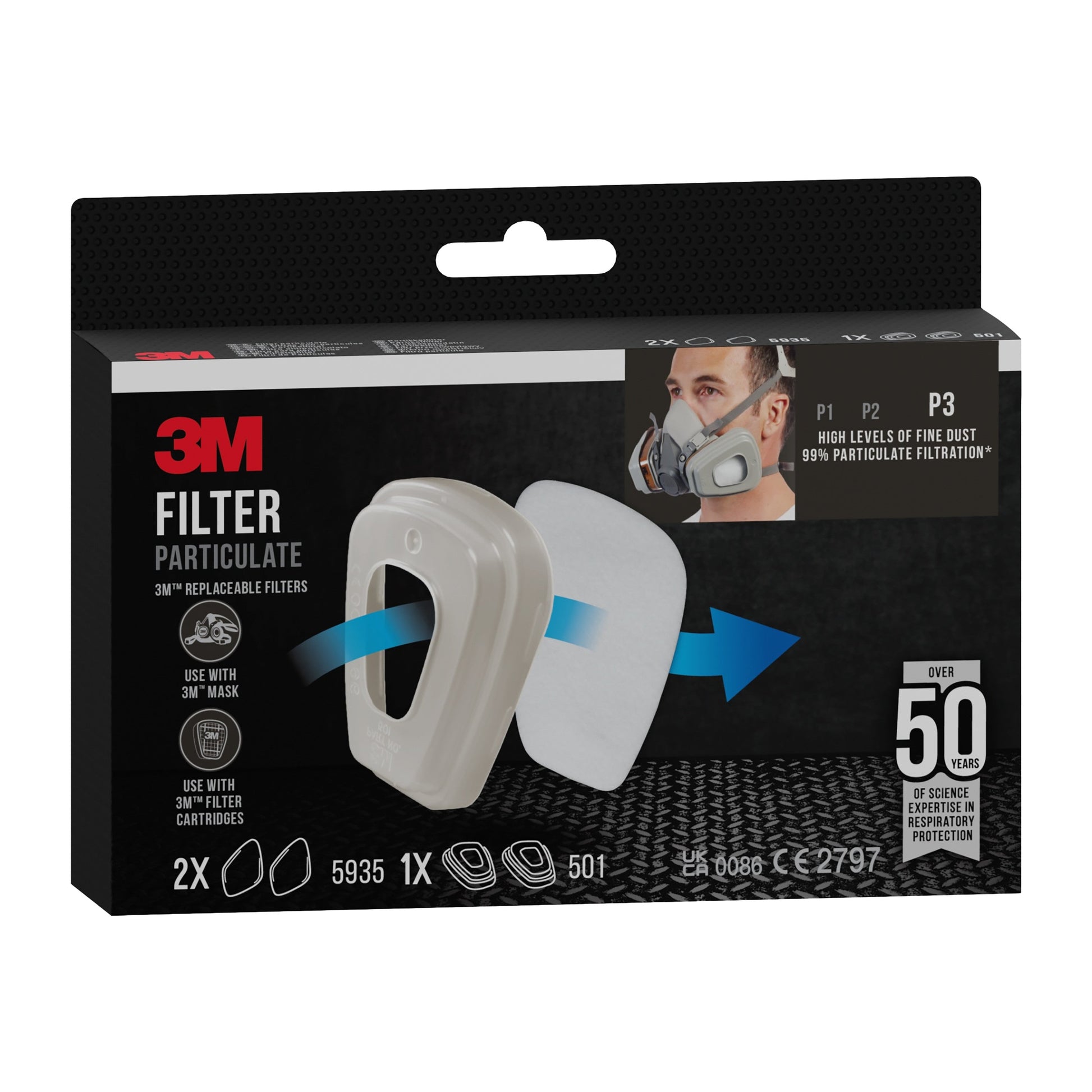 3M™ Partikelfilter 5935, P3, 2 Paar/Packung + Filterhalterung 501, 1 Paar/Packung | Packung (1 Stück)-3
