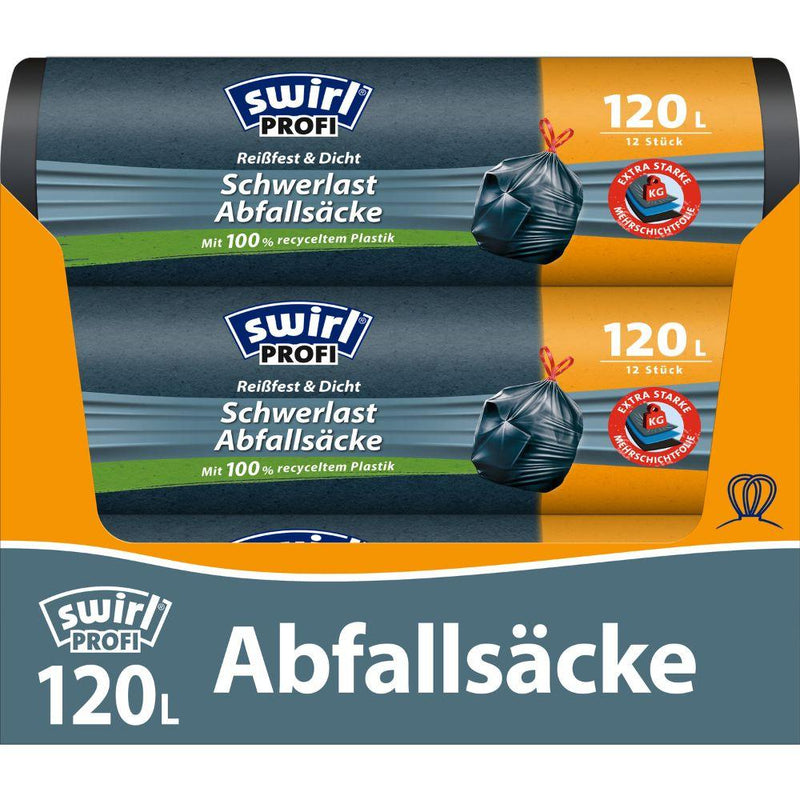 Swirl Schwerlast-Säcke Profi mit Zugband 120 l Reißfest & Dicht | Rolle (12 Beutel)-zoom-
