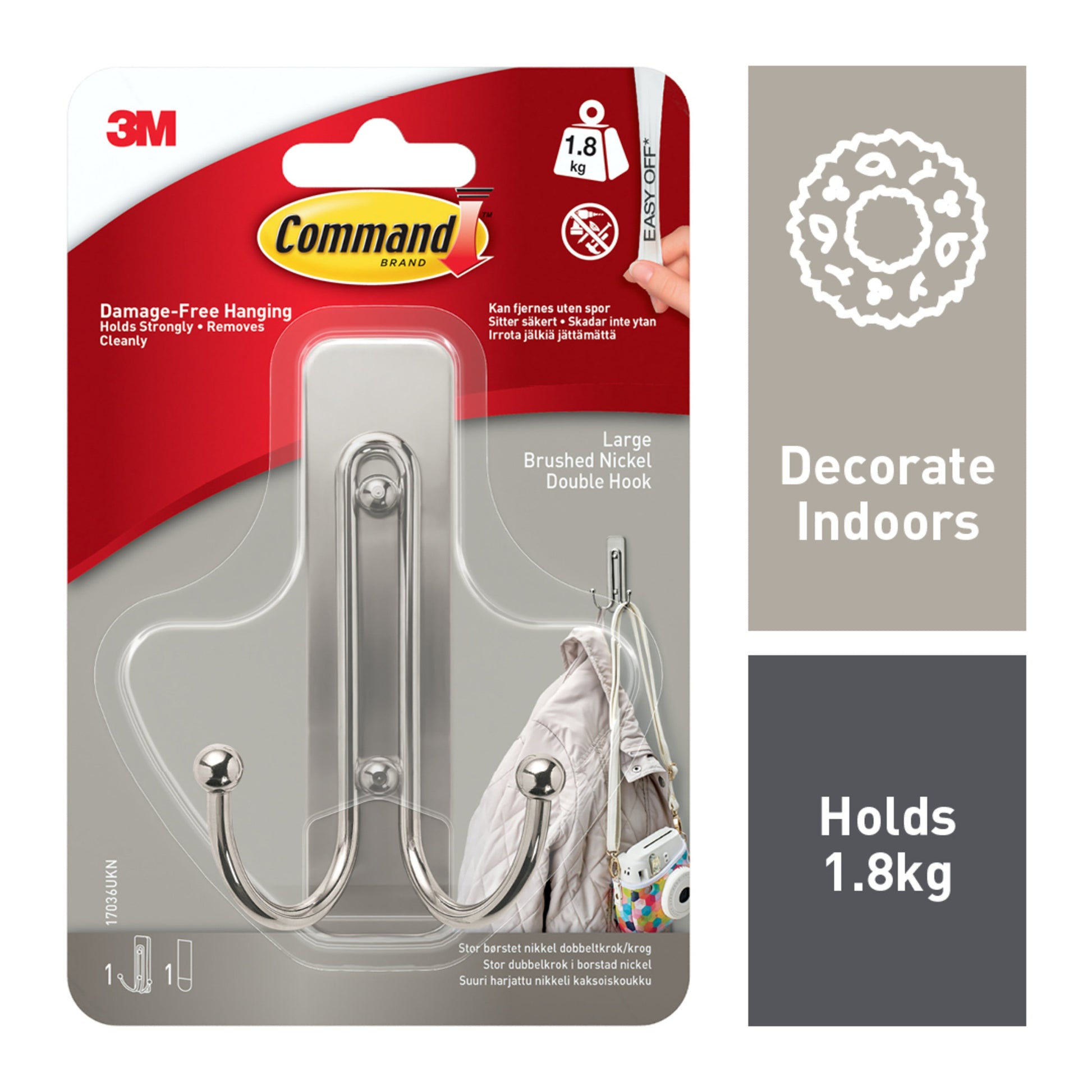 Großer Command™ Doppelhaken in gebürstetem Nickel, 17036, 1 Haken, 1 Strip | Packung (1 Stück)-1