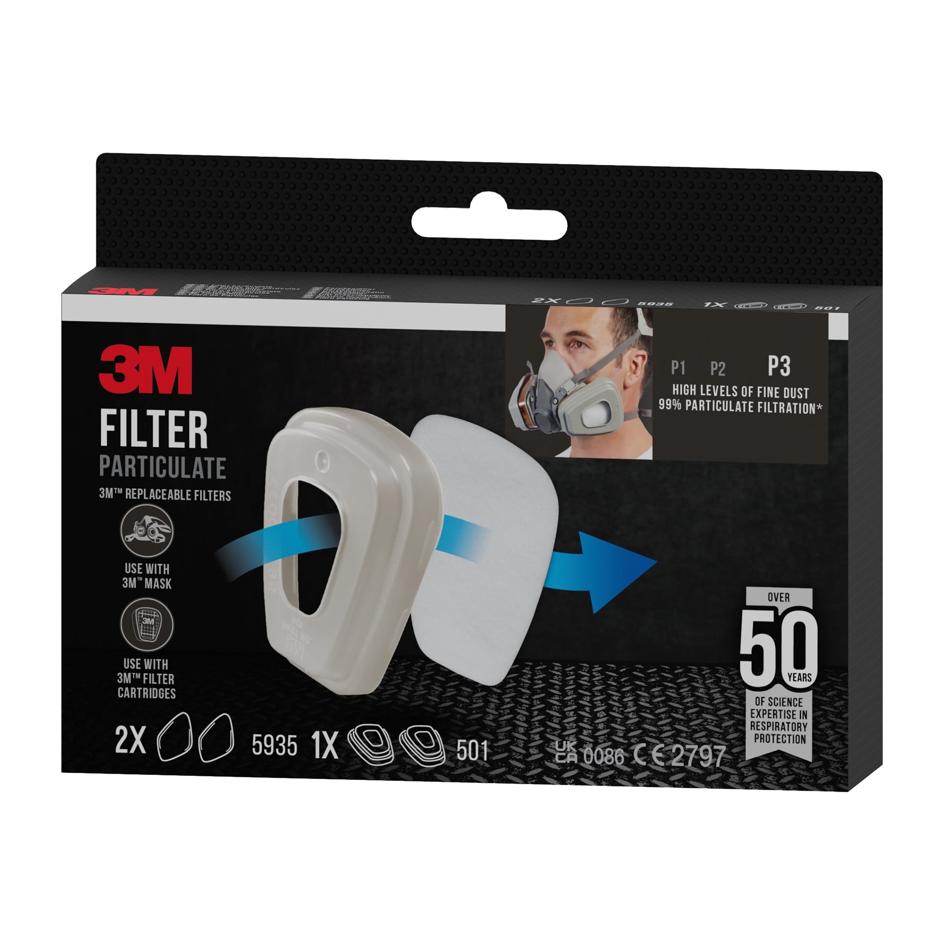 3M™ Partikelfilter 5935, P3, 2 Paar/Packung + Filterhalterung 501, 1 Paar/Packung | Packung (1 Stück)-4
