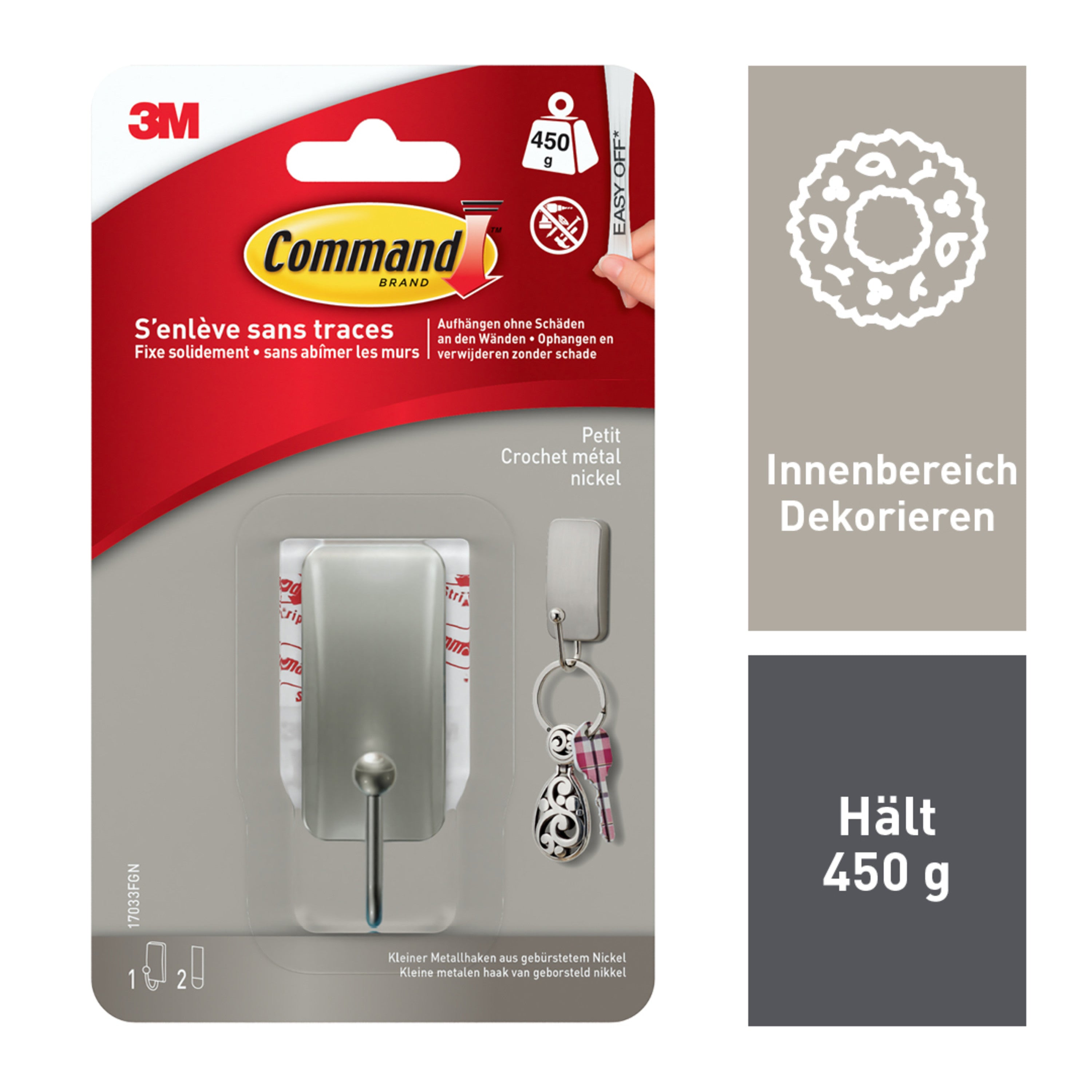 Kleiner Command™ Metallhaken in gebürstetem Nickel, 17033, 1 Haken, 2 Strips | Packung (1 Stück)