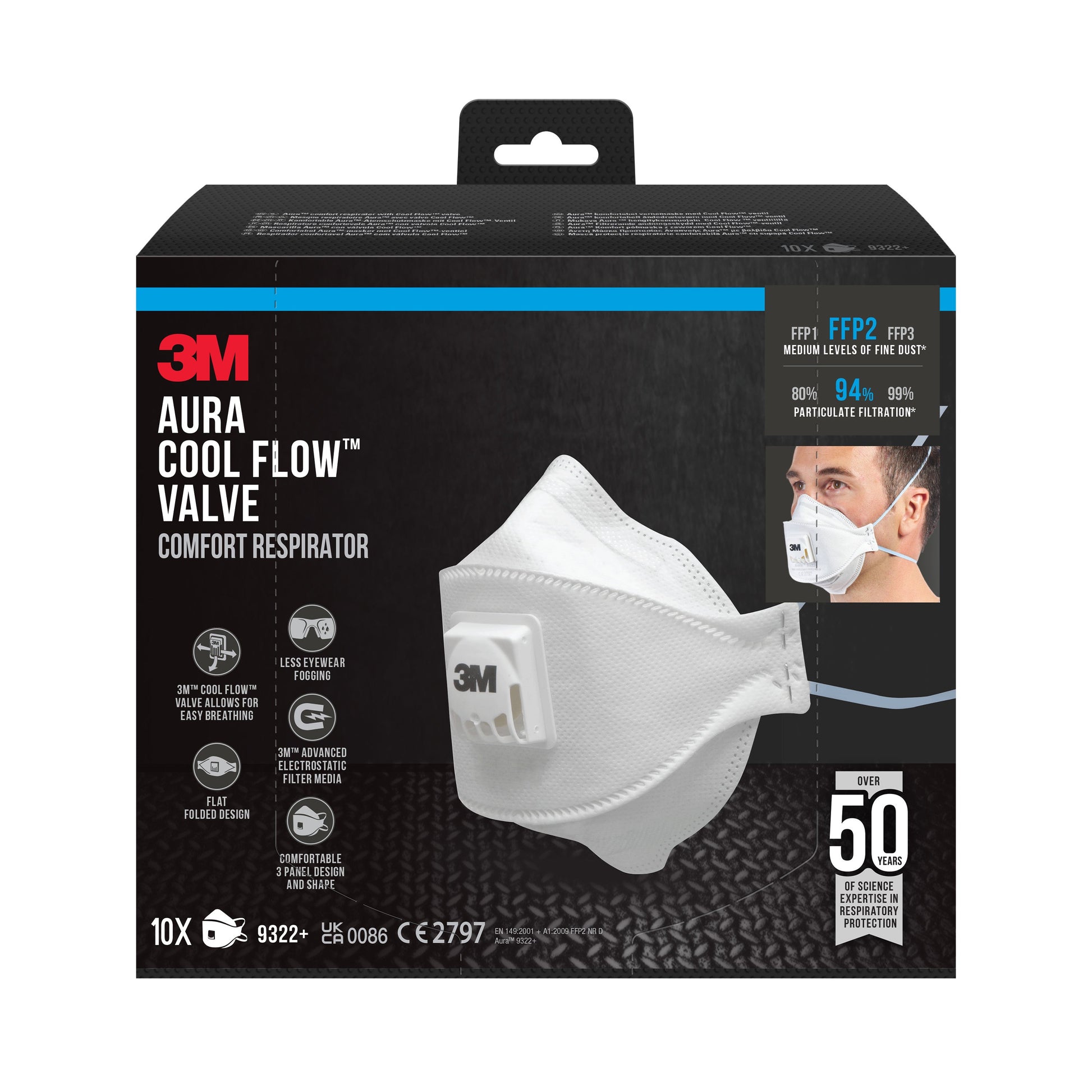 3M™ Aura™ Comfort Cool Flow™ Partikelmaske 9322+, FFP2, mit Ventil-2