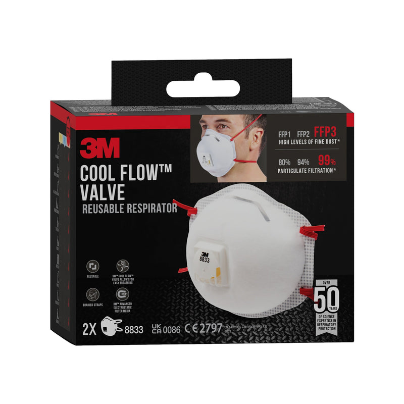 3M™ Cool Flow™ Partikelmaske 8833, FFP3, mit Ventil, 2er-Packung | Packung (1 Stück)-zoom-
