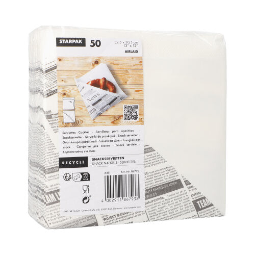 Starpak 50 Snackservietten, stoffähnlich, Airlaid 1/4-Falz 32,5 cm x 30,5 cm weiss "Newsprint" | Folienbeutel (50 Stück)-zoom-