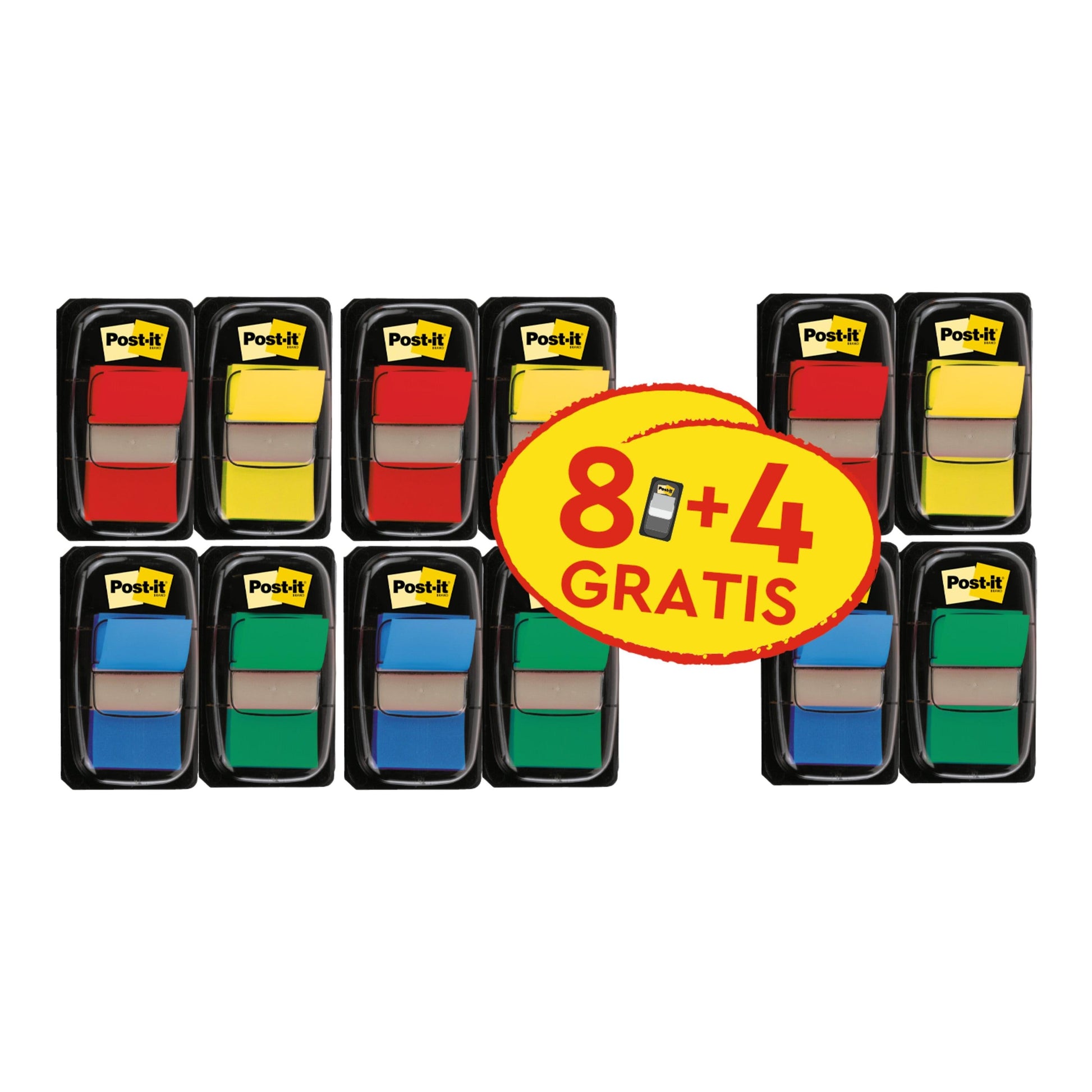 Post-it® Index Haftstreifen, Standard, Verschiedene Farben, 25.4 mm x 43.2 mm, Promotion, 50 Haftstreifen/Spender, 8 Spender + 4 Gratis/Packung | Packung (1 Set)-1