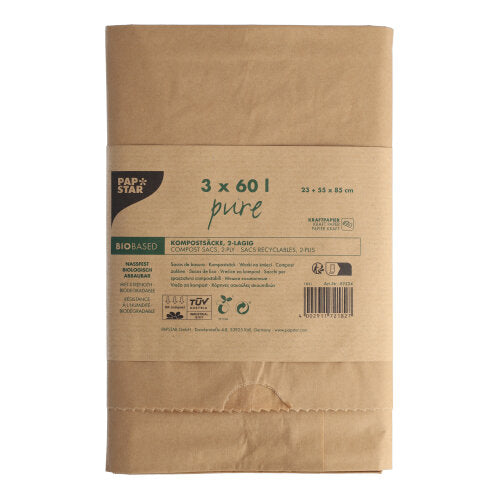 PAPSTAR Kompostsäcke aus Papier "pure", 60 l, 2-lagig, braun | Banderole (3 Stück)-1