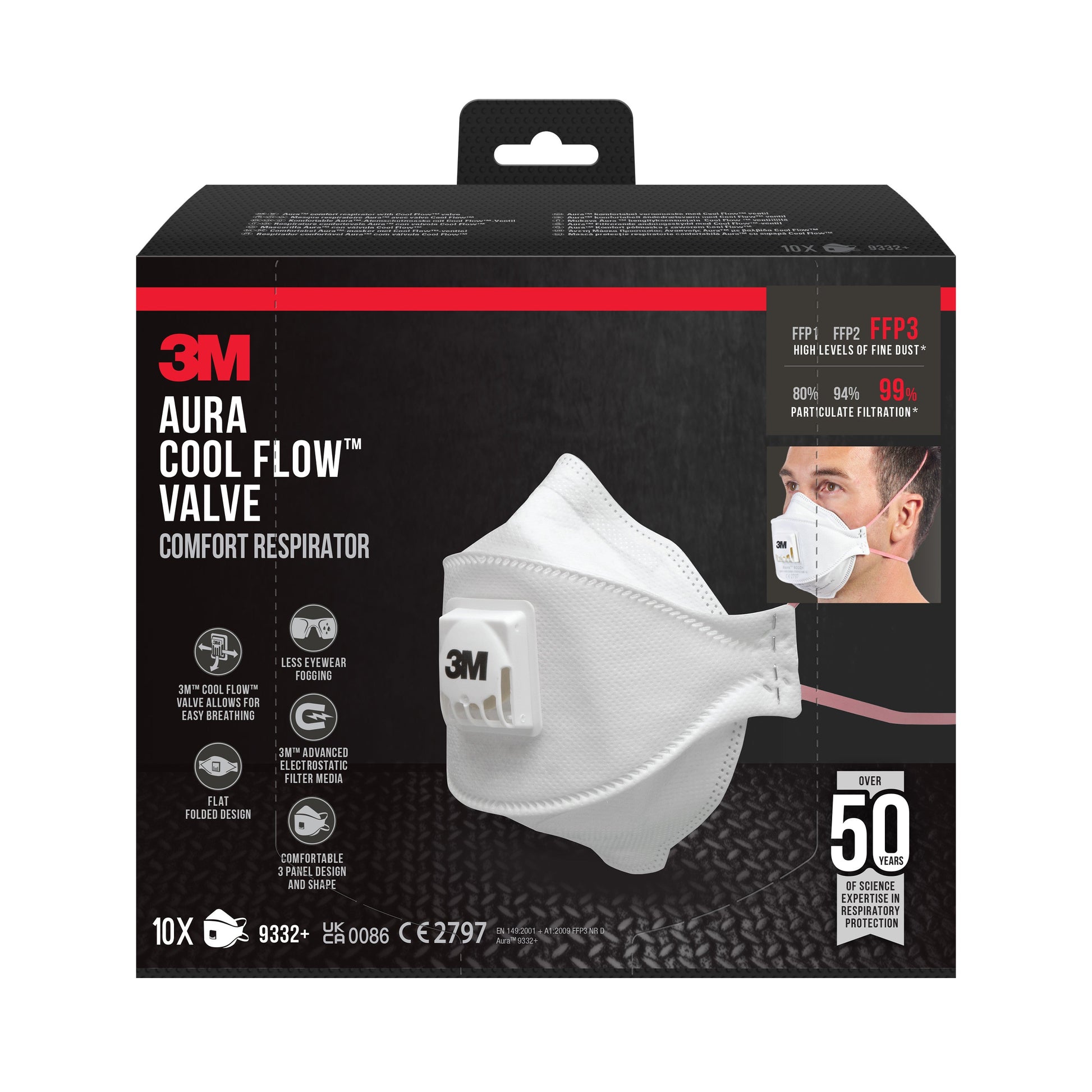 3M™ Aura™ Comfort Cool Flow™ Partikelmaske 9332+, FFP3, mit Ventil-3