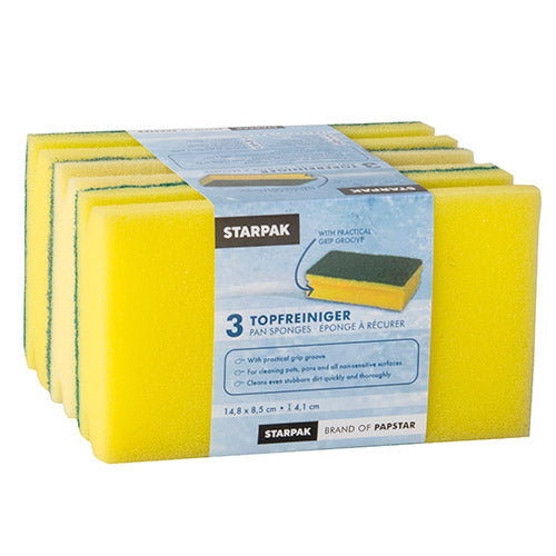 Starpak 3 Topfreiniger, Schwamm Jumbo eckig 4,1 cm x 14,8 cm x 8,5 cm gelb/grün mit Griffrille, kratzend | Banderole (3 Stück)-3