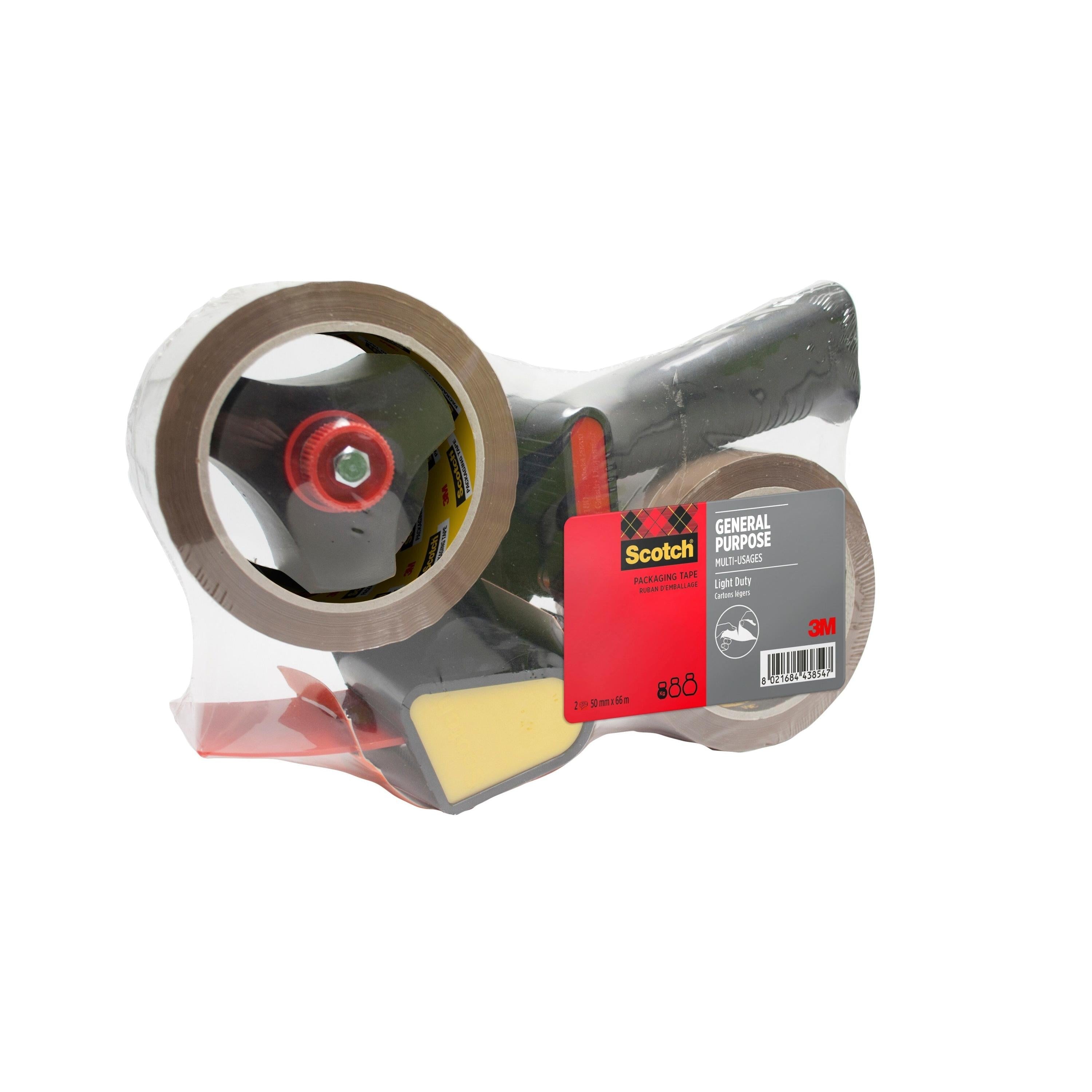 Abroller mit Pistolengriff + Scotch® Allzweck-Klebeband, Geräuscharm, Braun, 50 mm x 66 m, 1 Abroller + 2 Rollen/Packung | Packung (1 Stück)