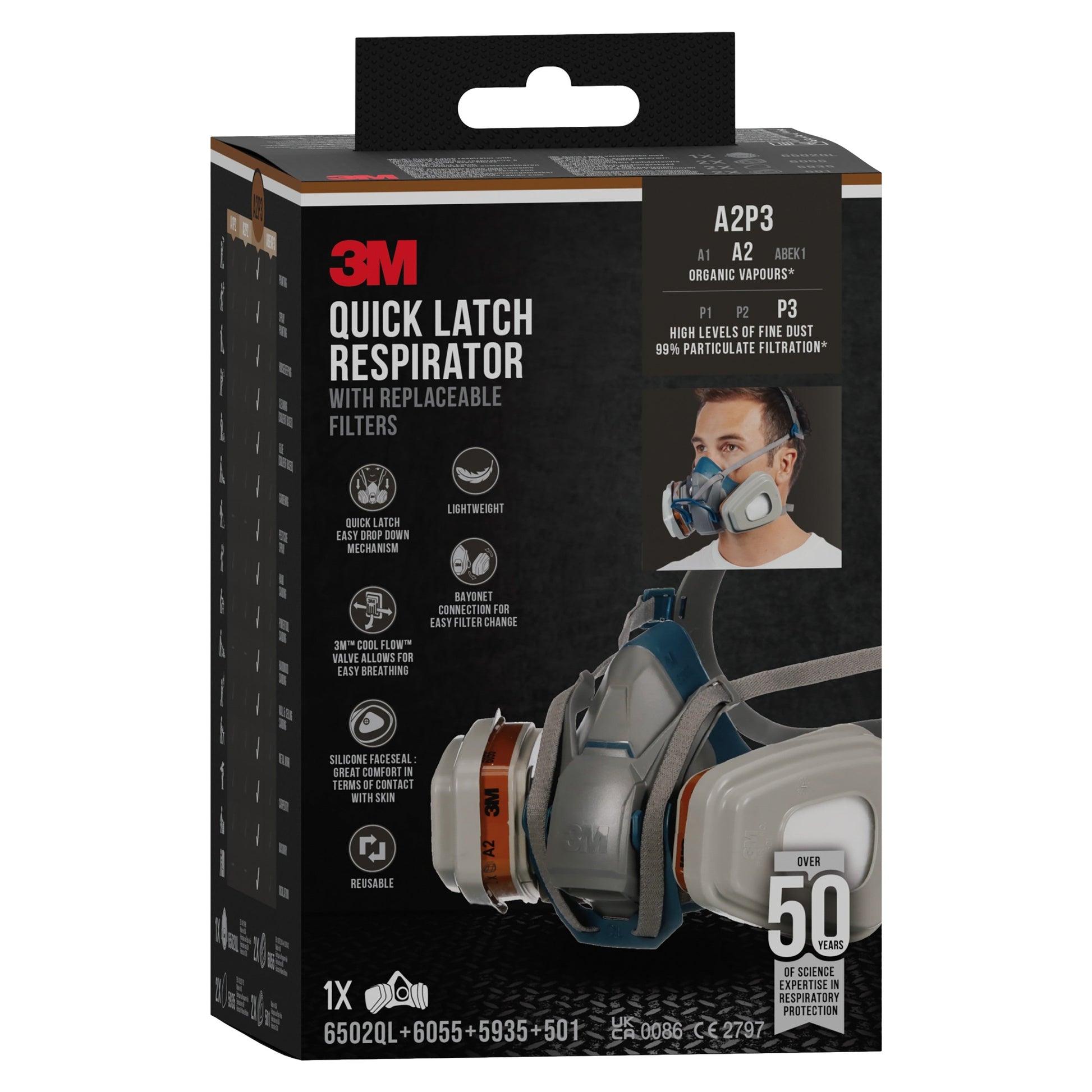 3M™ Quick Latch-Atemschutzmaske 6502QLKIT-1 mit austauschbaren Filtern, A2P3 organische Dämpfe (1x6502, 2x6055, 2x5935, 2x501) | Packung (1 Stück)-8