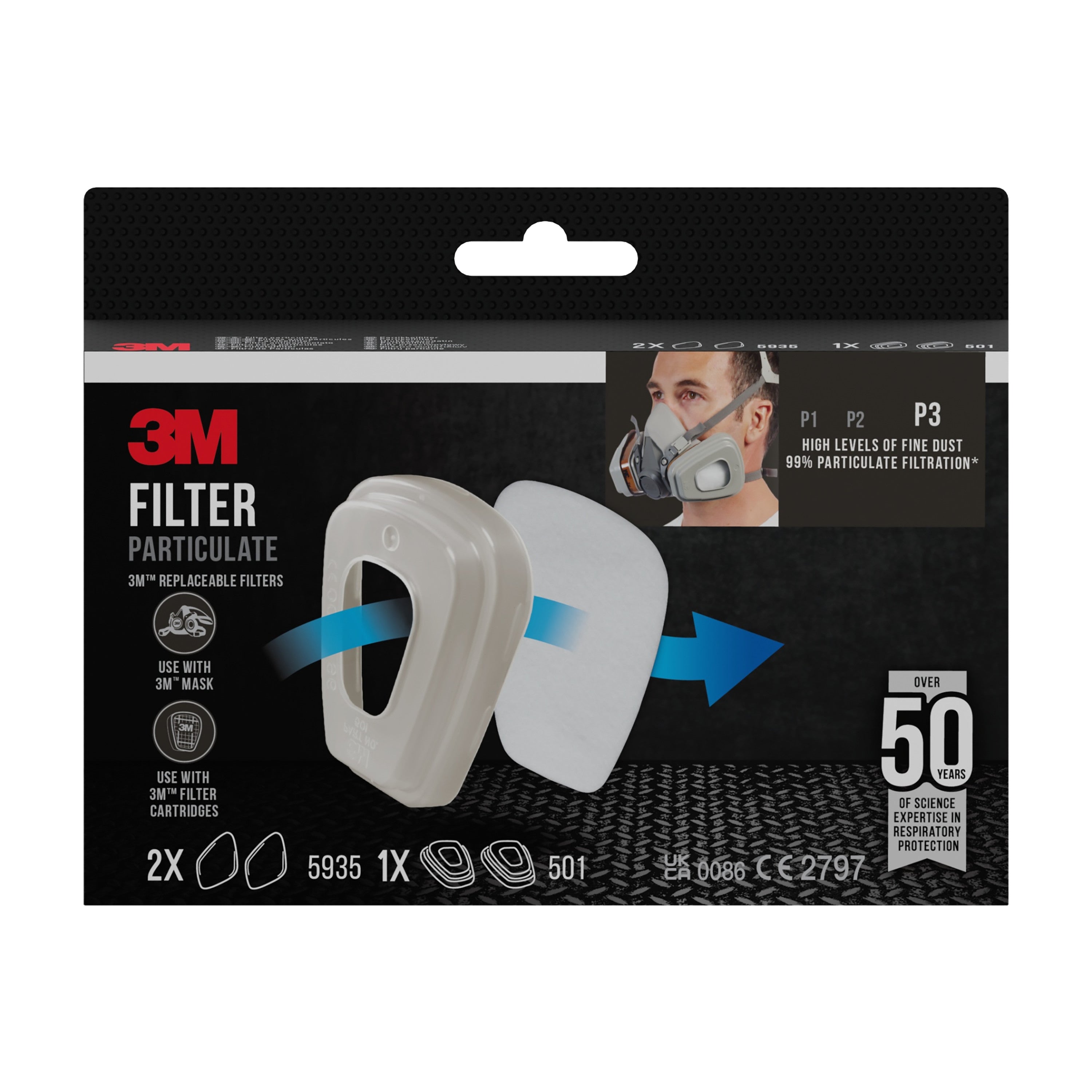 3M™ Partikelfilter 5935, P3, 2 Paar/Packung + Filterhalterung 501, 1 Paar/Packung | Packung (1 Stück)-zoom-1
