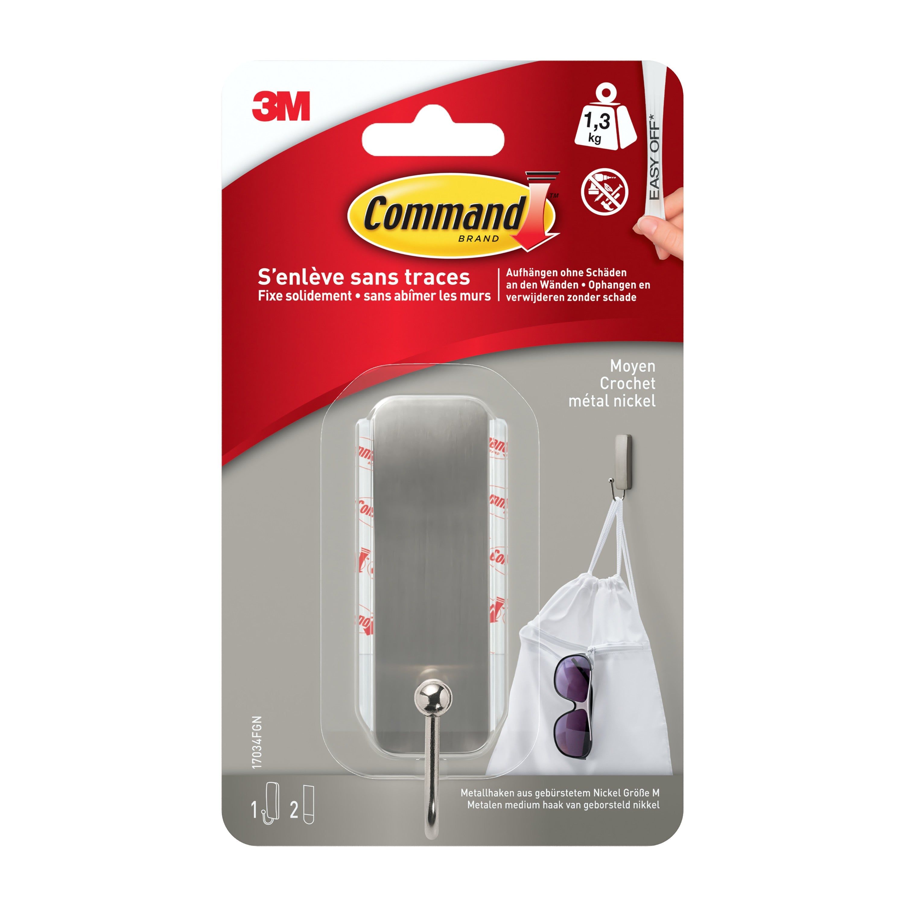 Mittelgroßer Command™ Metallhaken in gebürstetem Nickel, 17034, 1 Haken, 2 Strips | Packung (1 Stück)-zoom-1