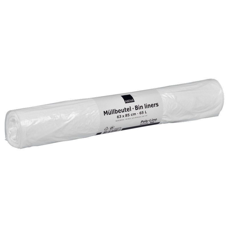 Müllbeutel 65 L, 630x850 mm, 13 my LDPE, Weiß    | Rolle (40 Beutel)