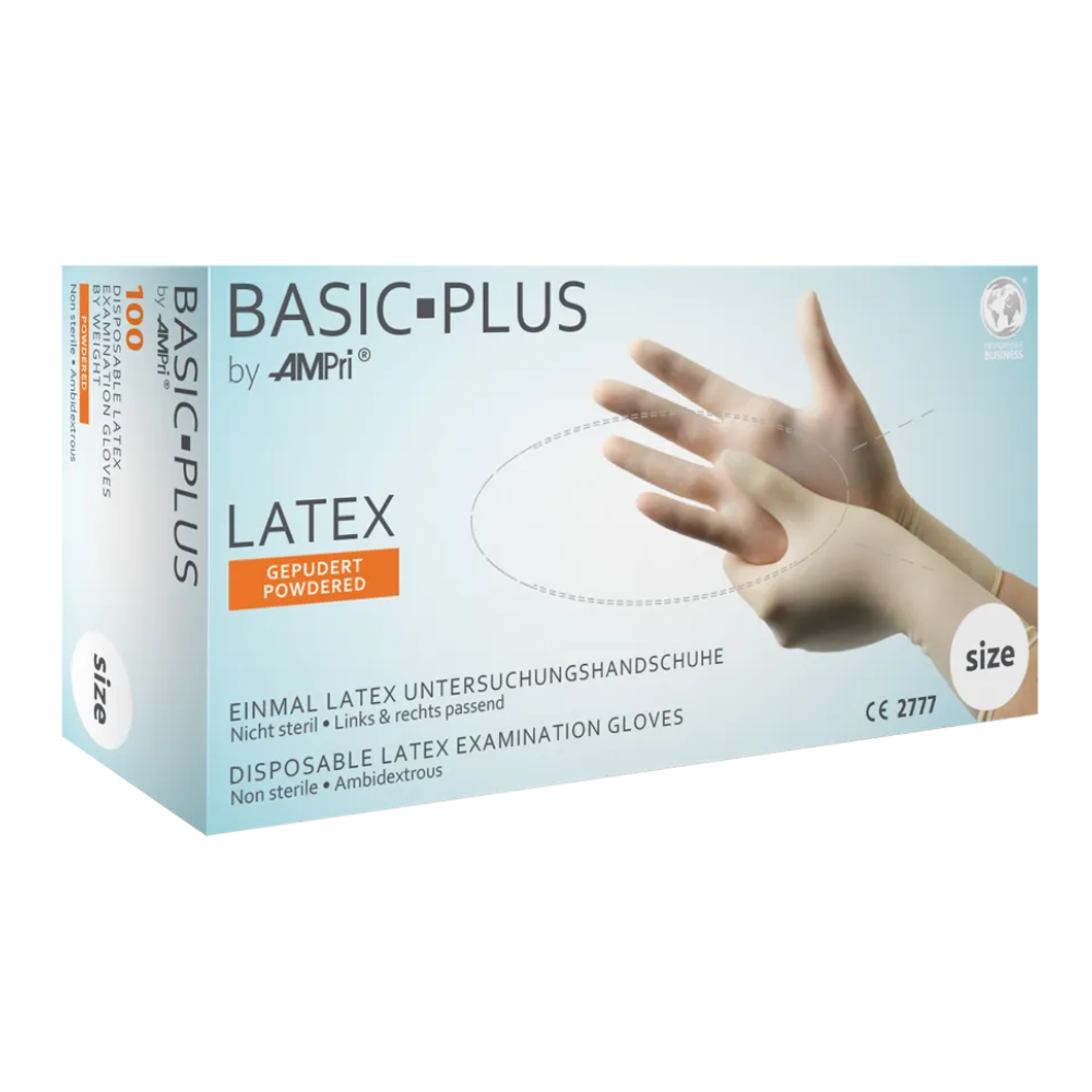 AMPri BASIC-PLUS Latexhandschuhe gepudert, weiß | Box (100 Stück)
