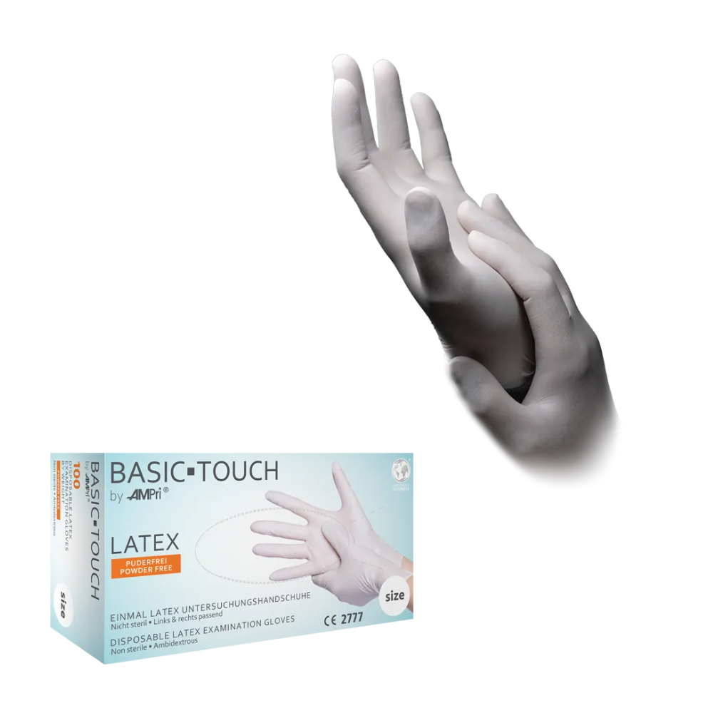AMPri BASIC-TOUCH Latexhandschuhe puderfrei, weiß | Box (100 Stück)