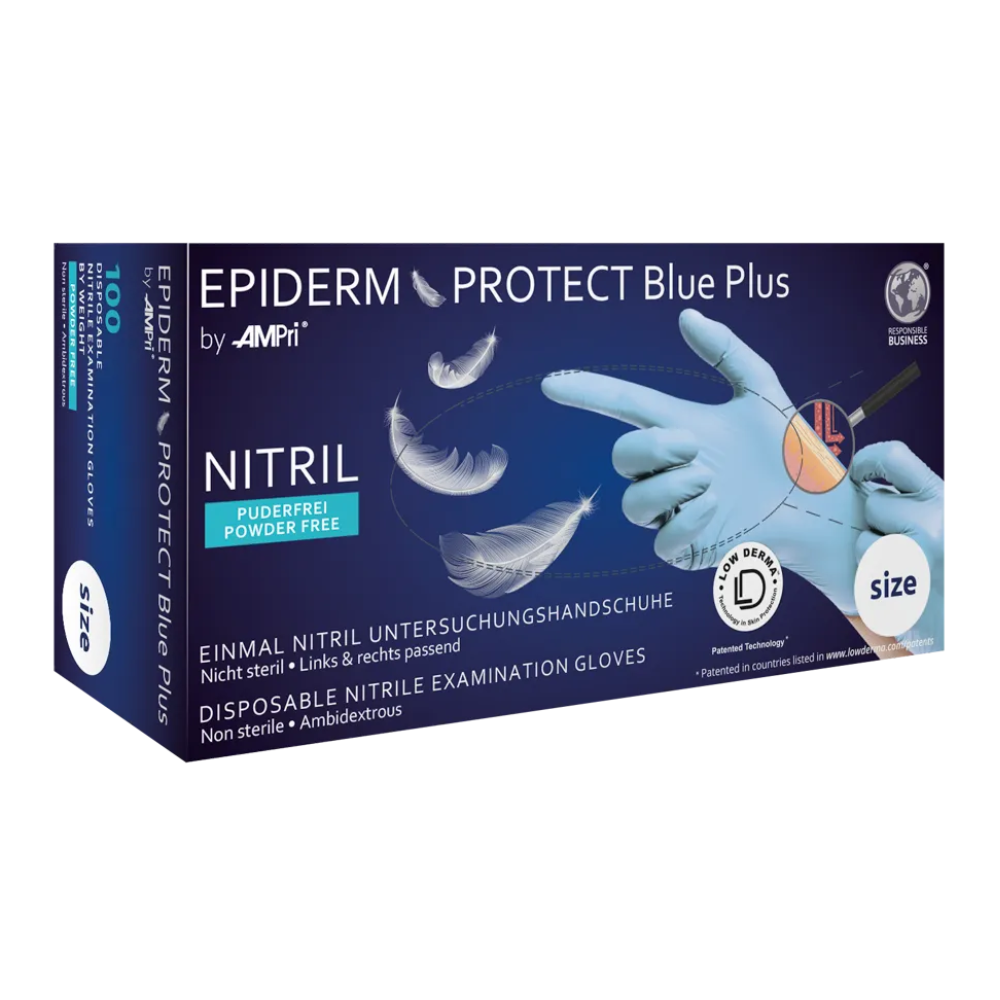 AMPri Epiderm Protect Blue PLUS Nitrilhandschuhe by MED-COMFORT puderfrei, Blau | Box (100 Stück)