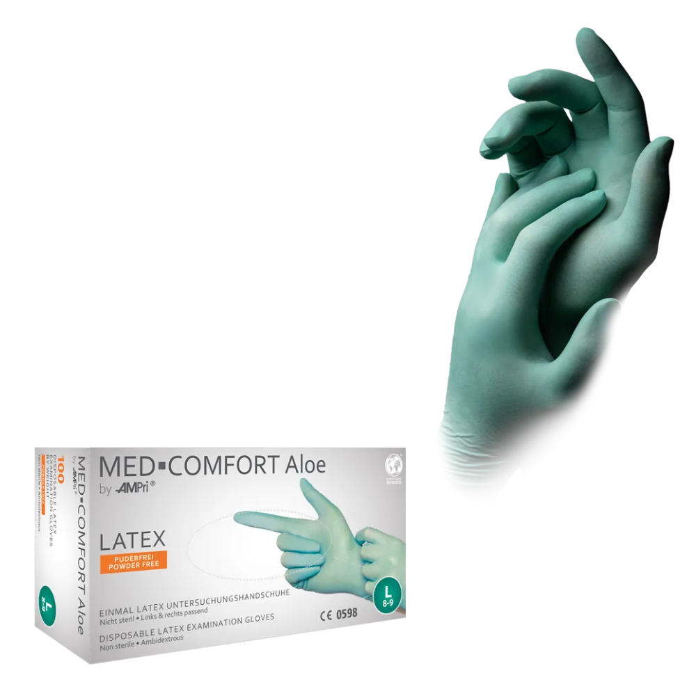 AMPri MED-COMFORT Aloe Latexhandschuhe puderfrei, mintgrün | Box (100 Stück)