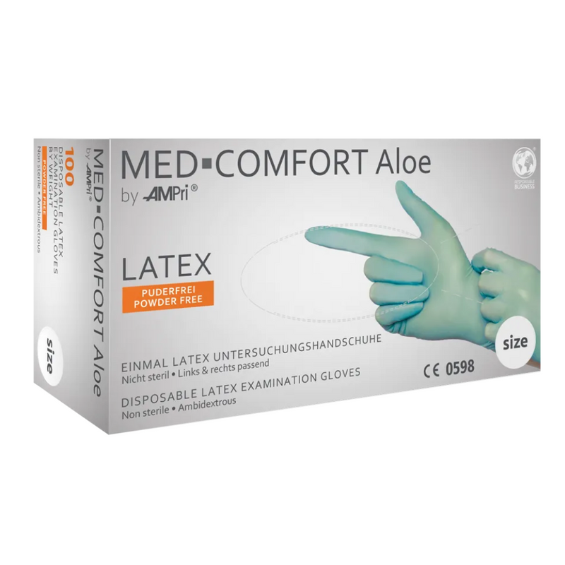 AMPri MED-COMFORT Aloe Latexhandschuhe puderfrei, mintgrün | Box (100 Stück)-zoom-